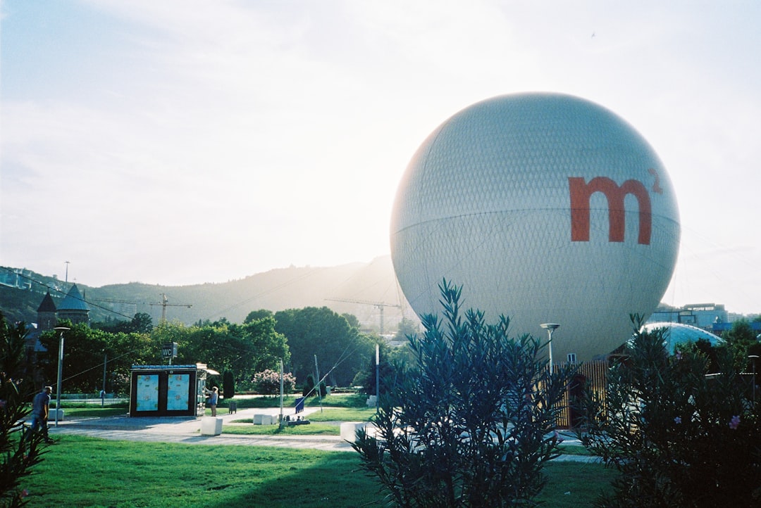 a large white ball sitting on top of a lush green field